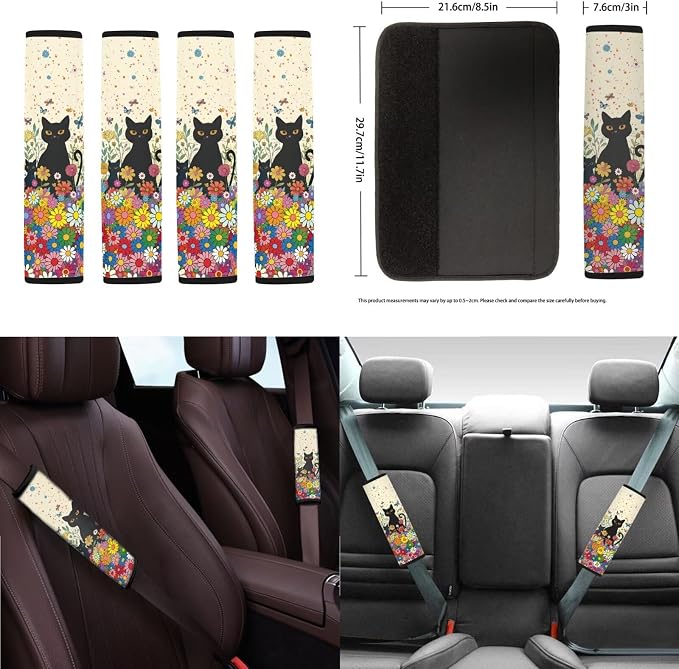Cat Daisy Print 18Pcs Car Seat Cover Full Set Includes Auto Seat Covers Headrest Covers Steering Wheel Cover Safety Belt Pad Center Console Pad, Car Interior Accessories Set
