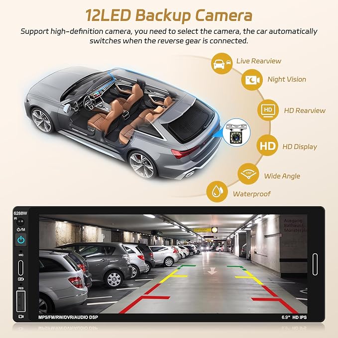 6.86 Inch Wireless CarPlay Car Stereo, Touch Screen Android Auto Radio with Mirror Link, Single Din Bluetooth 5.0 Audio Receiver with FM/RDS, EQ, Power-Off Memory,TF/USB/SWC + Rear View