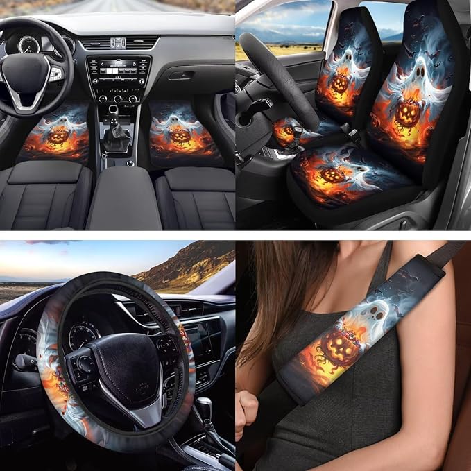 Halloween Ghost and Pumpkin Car Seat Covers Full Set with Steering Wheel Cover Floor Mats Armrest Cover Seat Belt Pads Roof Handle Wraps Cup Coaster Keychains 18 Pcs Auto Interior Accessories