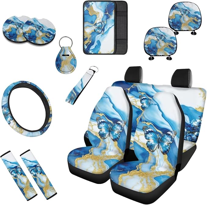 Blue Fluid 13 PCS Car Seat Covers Blue Butterfly Gild Fluid Full Set Car Front Back Seat Cover Art Aesthetics Gradient Steering Wheel Cover Fit Auto SUV Trucks
