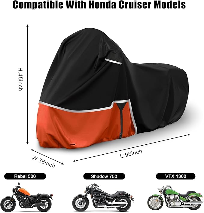 Waterproof Motorcycle Cover Replace for Honda Rebel 300 500 1100 and Shadow 750/ Vtx 1300 /Fury, 420D Oxford Cloth Motorcycle Cover for Snow Rain Dust Protection