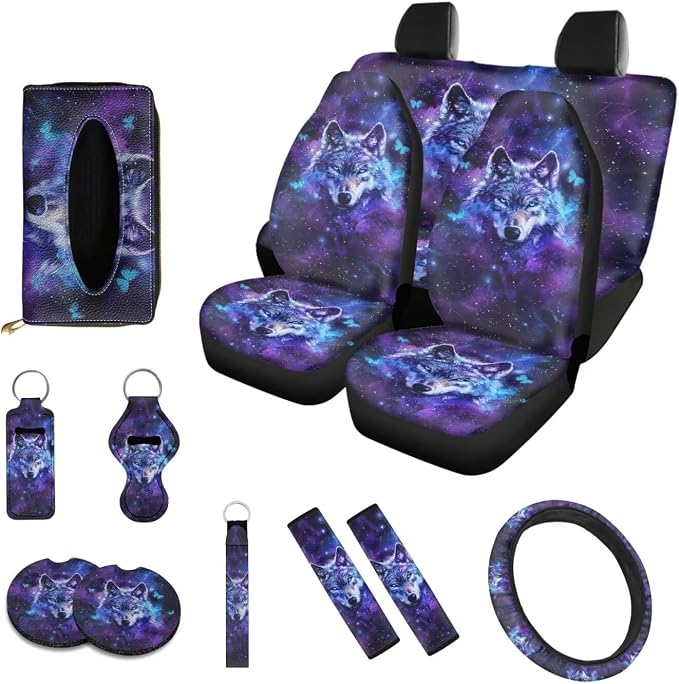Poceacles Wolf Galaxy Butterfly Car Front Rear Seat Covers Full Set 13 PCS, with Steering Wheel Cover Seat Belt Covers Coasters Keychains Lip Balm Holder Tissue Case for Women Auto Accessories