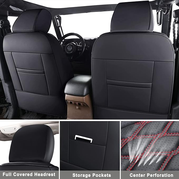 Huidasource Wrangler JL Seat Covers 4 Door, Waterproof Leather Car Seat Covers Full Set, Custom Seat Cushion Protector Fit for Jeep Wrangler JL 4-Door 2018-2025 with Rear Cupholder (Full Set/Black)