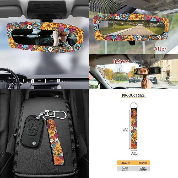 Hippie Flower Orange Pattern 15Pcs Car Seat Cover Full Set Car Steering Wheel Cover Seat Belt Cover Trash Bin Air Vent Storage Box Front Rear View Mirror Car Cup Holder Keychain