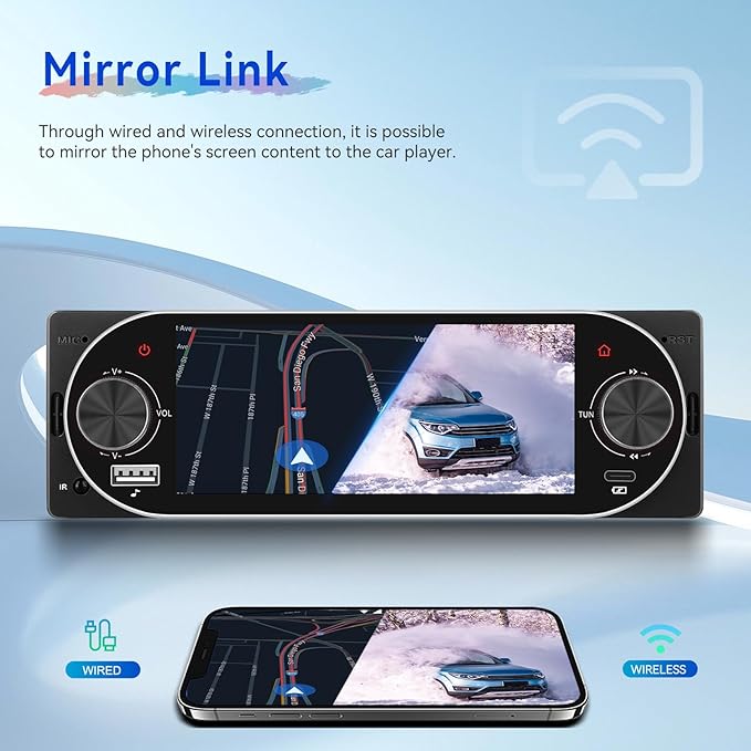 CAMECHO Single Din Radio Car Stereo with Wireless CarPlay & Android Auto 5.1" IPS Touchscreen with Bluetooth 5.2 Car Audio Receiver AM&FM, EQ, SWC, TF, AUX＆USB, Fast Charging, Backup Camera+MIC