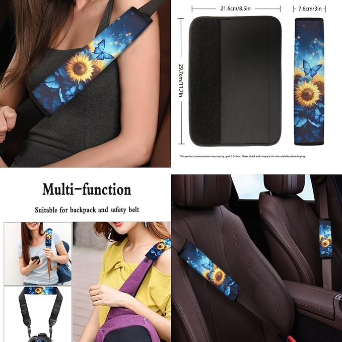 Sunflower Butterfly Print Car Seat Covers Full Set with Auto Steering Wheel Cover Car Armrest Pad Protectors Auto Seat Belt Pads, Automotive Interior Accessories - 8 Pack