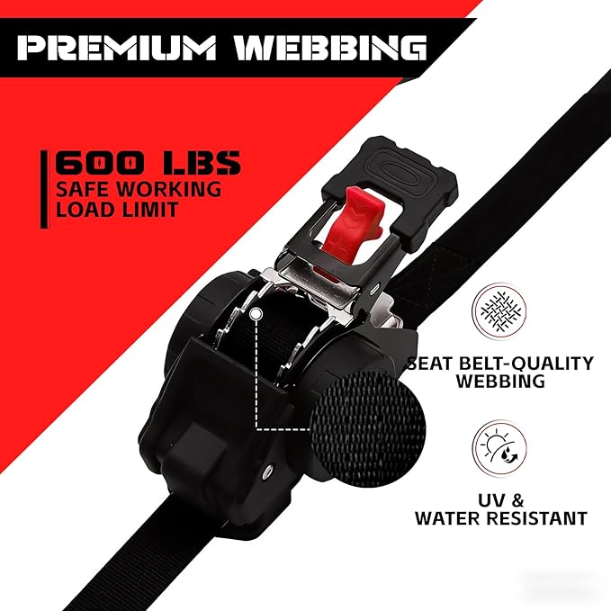 Retractable Ratchet Straps (2-Pack) - Heavy Duty Auto Slow Retraction Tie Down Straps - 1 Inch x 13 Feet (1,800lb Break Strength) for Truck, Cargo Trailer, Motorcycle, ATV, UTV - Black