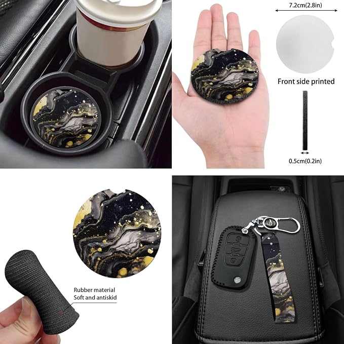 Black Marble Car Seat Covers Full Set for Women Men+Universal Fit Marble Style Automotive Interior Accessory Decoration with Steering Wheel Cover+Keyring+Cup Mats+Rear View Mirror Cover