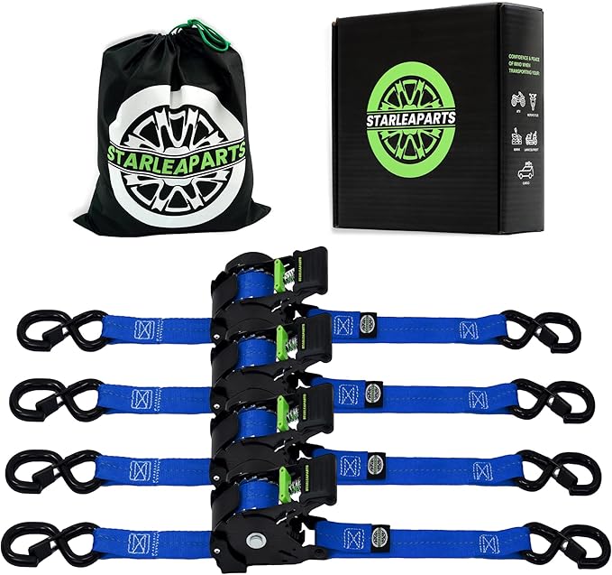 Retractable Ratchet Straps(4PK 1.0INX12FT) - 1,500lb Break Strength, Ratchet Strap Heavy Duty with Rubber Coated Handle, Perfect Auto Ratchet Straps for Motorcycle,Trucks (Blue)