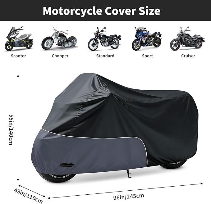 Motorcycle Cover 96 Inch with Relfection Strip, Compatible with Harley Davidson,Yamaha, Honda, Suzuki, Kawasaki All Weather Waterproof Outdoor and Dustproof Indoor, Black&Grey