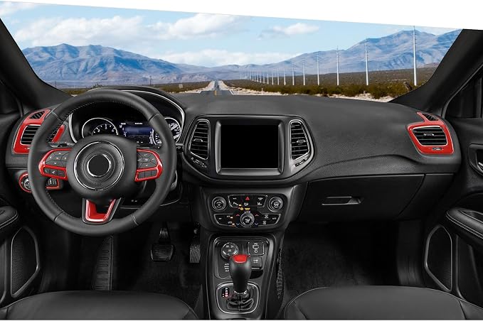 Jimen Fit for Jeep Compass 2017-2020, 8PCS Red Interior Trim Kits - Dash Air Vent Cover, Headlight Switch Trim, Shifter Knob Cover, Front Cup Holder Frame