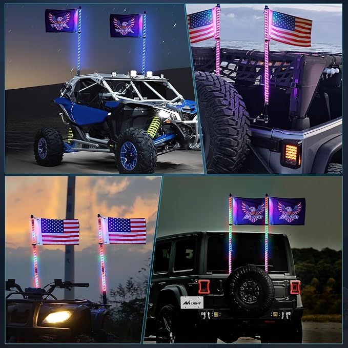 Nilight LED Whip Light 2 PC 5FT COB RGB Spiral Lighted Antenna with Spring Base, Bluetooth App & Remote Control DIY Chasing Patterns & Music Sync Safety Whips for ATV UTV RZR Polaris Can-Am Truck