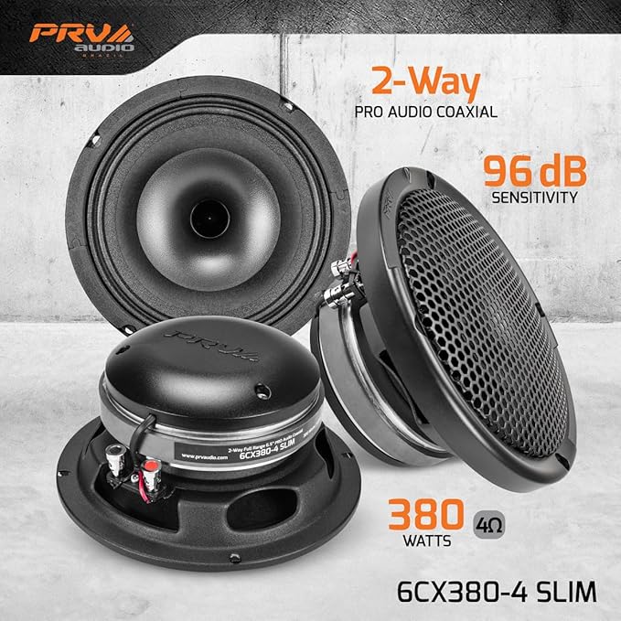 PRV AUDIO 6.5" Shallow Coaxial Car Audio Speaker 2X 6CX380-4 Slim Loudspeakers with Built-in Tweeter Driver and Grill Included 380 Watts 4 Ohm (2 Speakers) Bundle