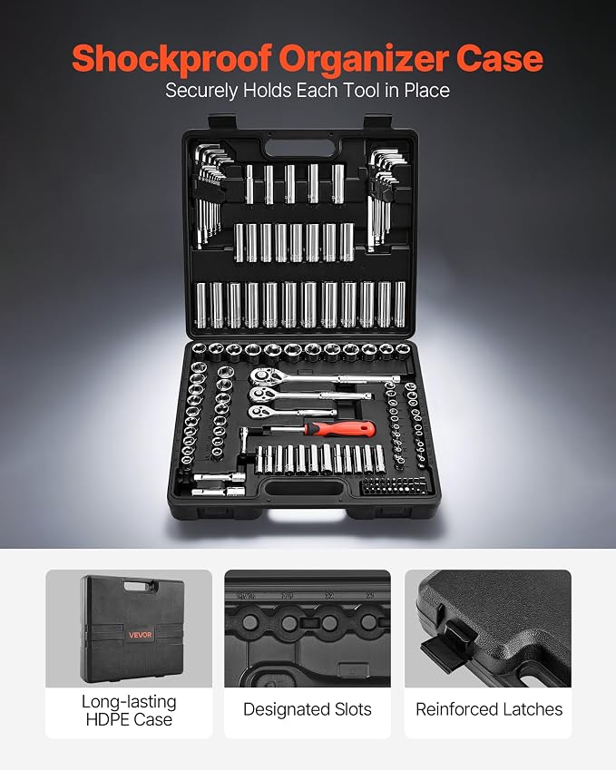 VEVOR Socket Set, 149 Pieces, 3/8 & 1/4 & 1/2 inch Drive Socket and Ratchet Set, SAE and Metric, Deep and Shallow, Mechanic Tool Kit with Bits, Accessories, Storage Case, CR-V Alloy Steel, for Repair