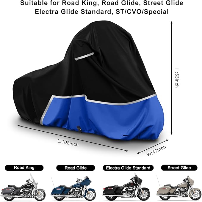 Waterproof Motorcycle Cover Compatible with Harley Davidson Electra Glide/Road King/Street Glide/CVO Road Touring Without Trunk Models, 420D Oxford Cloth Cover for Snow Rain Dust Protection