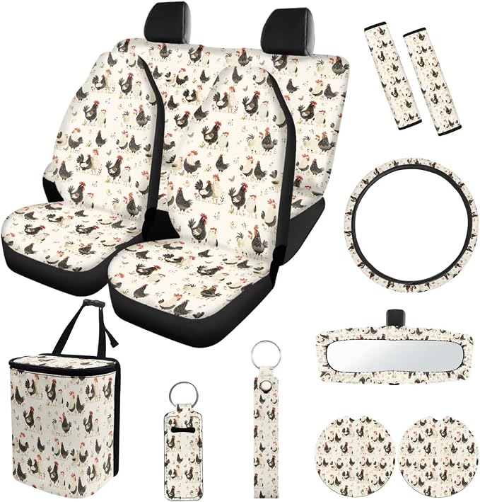 Suobstales Rooster Chicken Flower Print Car Seat Cover Interior Accessories Set of 13, Steering Wheel Covers, Car Trash Can, Seatbelt Cover, Coasters, Keychains, Rearview Mirror Cover Universal Fit