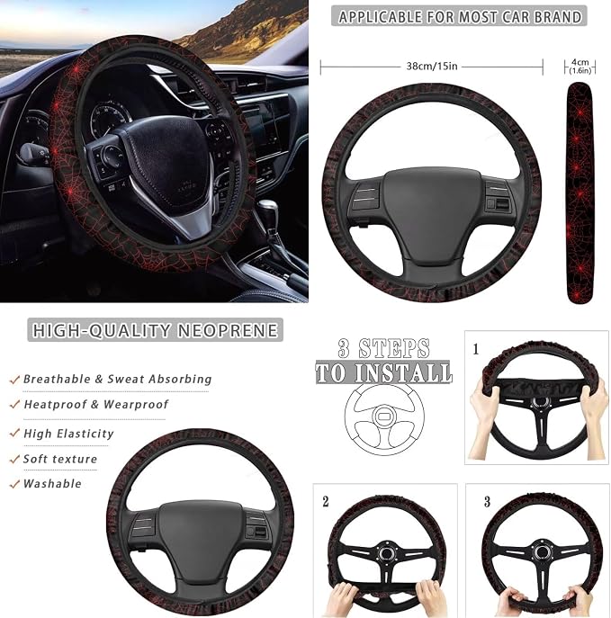 KEIAHUAN Red Spider Web Car Seat Cover Set 11 Pieces Full Set with Car Shift Gear Stick Hand Brake Cover Steering Wheel Cover Headrest Cover Coaster Pad Halloween Decoration