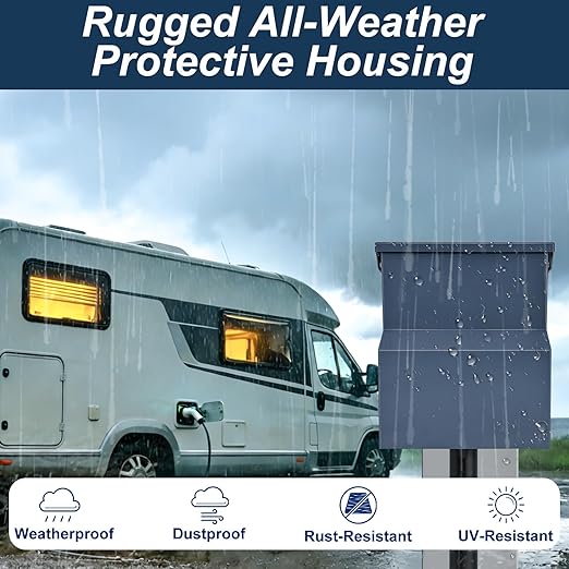 RV Electrical Panel with Breaker, Temporary Power RV Outlet Box, UL 50 30 20Amp Receptacles, Outdoor Weatherproof Metal Enclosure, Easy Setup for Campers, Travel Trailers, Mobile Homes (Blue)