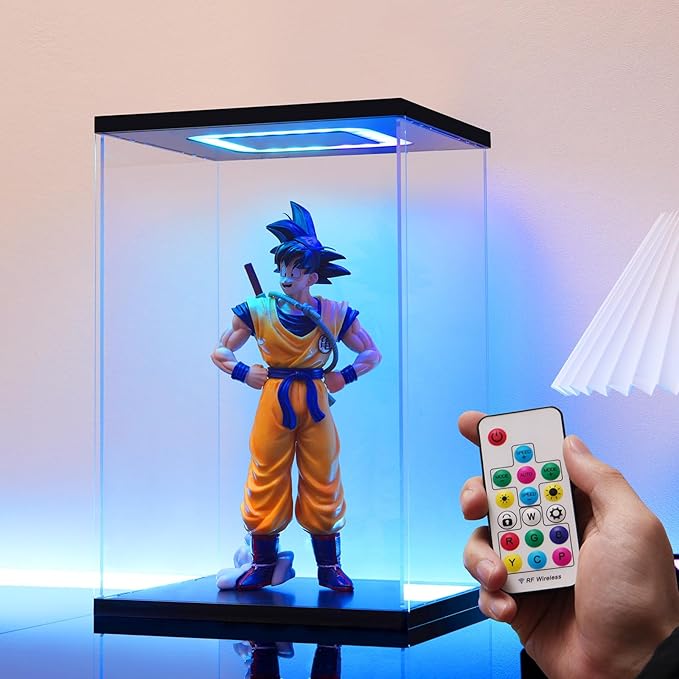 Clear Acrylic Display Case with Light for Miniature House Building Sets, Multiple Color Lights Dustproof Protection Display Box for Collectibles Action Figures（11.4×9.4×9.8inch）