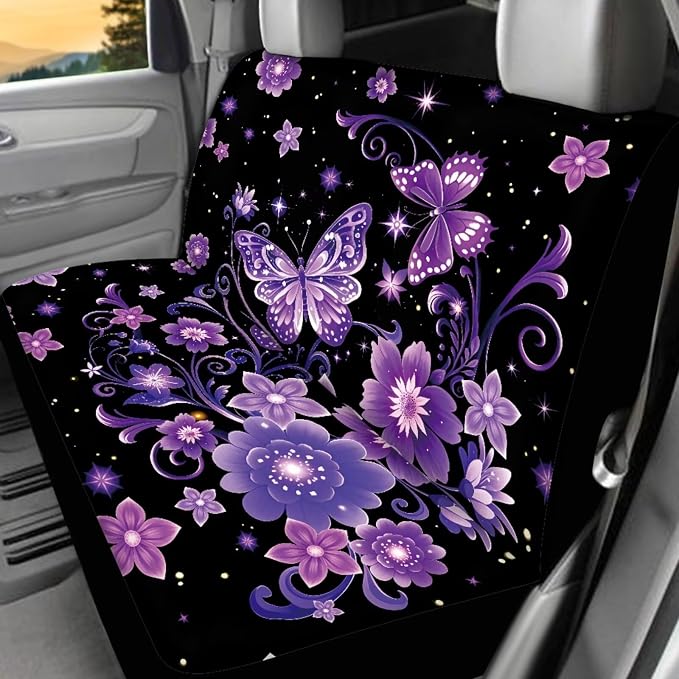 Purple Butterfly Car Cover Seats Full Set of 17 Pcs Purple Butterfly Car Accessories Set with Car Mats Full Set Steering Wherl Cover Seat Belt Cover Pad Center Console Cover,Universal Fit