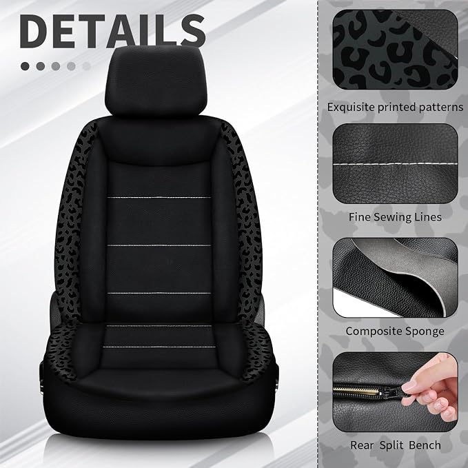 23 Pcs Leather Car Seat Cover Full Set for Women,Universal Car Seat Cover,Print Printing Car Steering Wheel Cover Center Console Armrest,Sunglass Holder Accessories Full SUV(Black leopard print)