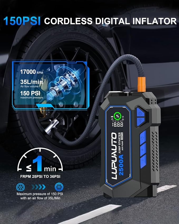 2500A Jump Starter with 150PSI Air Compressor 12V Battery Box Jumper Pack | 7.5L Gas, 5L Diesel, Low Voltage Forced Start, LCD Display, 400LM Emergency Flashlight