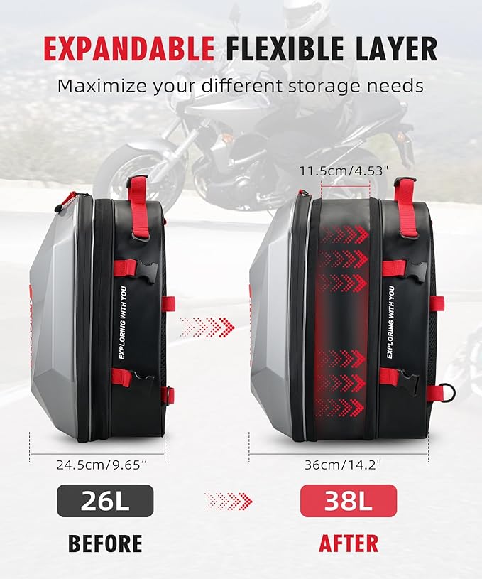 NICECNC Motorcycle ATV Helmet Backpack Hardshell, 38L Large Capacity Motorcycle ATV Rear Seat bag Tail Bag Expandable Helmet Storage Bag Travel Luggage Bag for Riding Camping Hiking, 8 Straps, Red