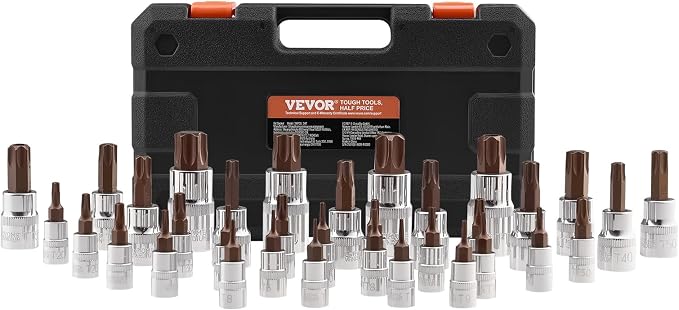 VEVOR Torx Bit Socket Set, 34-Piece Solid Star and Tamper Proof T6-T70, S2 Alloy Steel and Cr-V Steel, 1/4 in, 3/8 in, and 1/2 in Drives, with Enhanced Storage Case, Torx Sockets for Hand Use