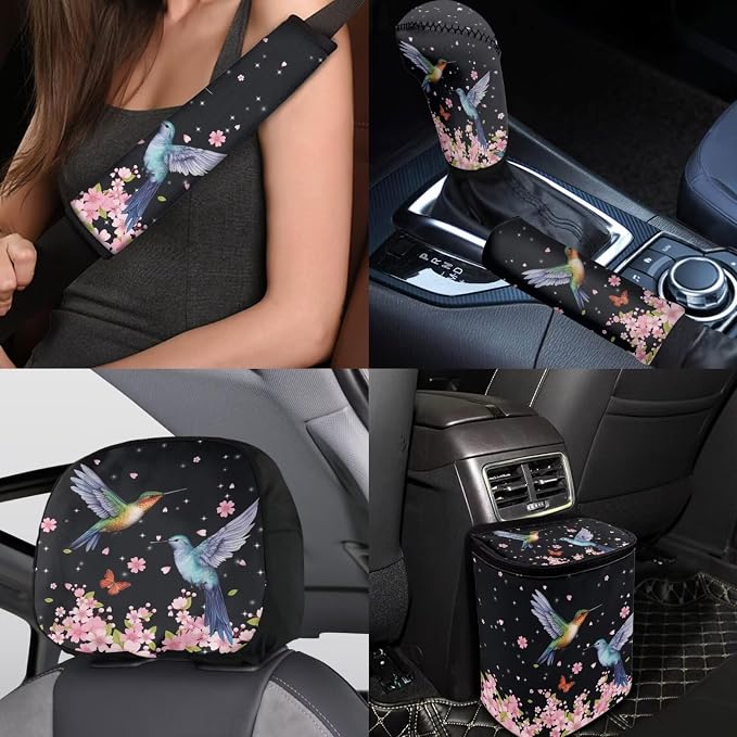 BIGCARJOB 15 Pcs Car Interior Sets for Women Car Seat Protector Vehicle Bucket Seat Cover Full Set 1Hummingbird Cherry Floral Print Trash Can Car Seat Headrest Pillow Cover Seat Belt Pads