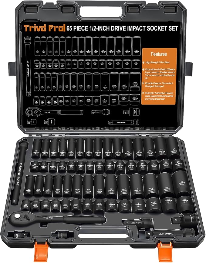 Impact Socket Set 1/2" Drive - Trivd Frol 65pcs Impact Socket Set Metric and Standard Full, Metric Socket Set 8-24mm & SAE Socket Set 3/8"-1-1/4", Shallow & Deep Socket Set, Extensions, Adapter