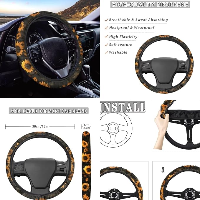 Cow Sunflower Black Print Car Accessories Car Seat Covers Full Set with Steering Wheel Covers+Seat Belt Pads+Coasters+Keychain+Lipstick Holder Universal Fit 13 Pack