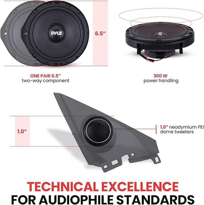 Pyle 6.5” Two Way Coaxial Speaker System for 2006 and Up Vehicles, 300 Watts, 4 Ohm, Butyl Rubber Surround, 1'' High-Temperature KSV Voice Coil, Black Sandblasting Paper Cone