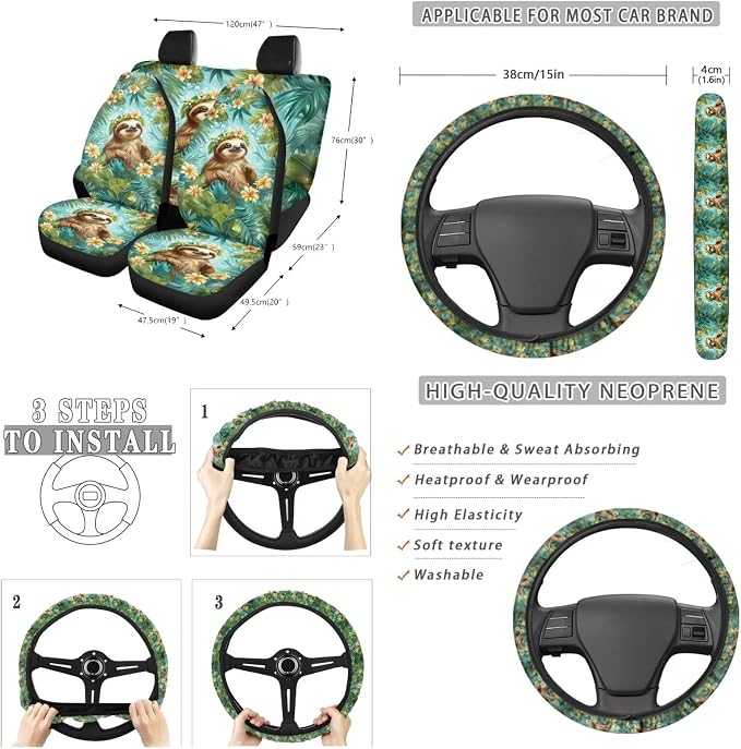Suobstales Sloth Flower Palm Leaf Print Car Accessories Auto Seat Covers Full Set of 13 with Steering Wheel Cover, Seat Belt Pads, Trash Can, Coaster, Rearview Mirror Cover, Keychains for SUV Van