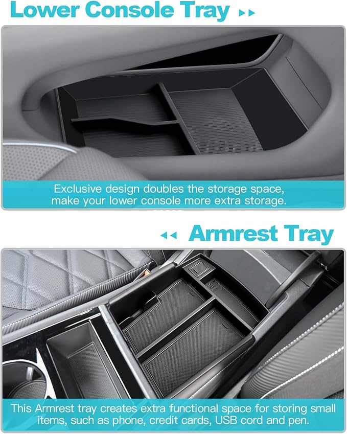 CDEFG 3PCS for 2024 2025 2026 Atlas Center Console Organizer Tray for 2024 2025 2026 Volkswagen VW Atlas (SEL/R-Line/SE)/ Atlas Cross Sport Accessories Middle Console Floor Tray Storage Box