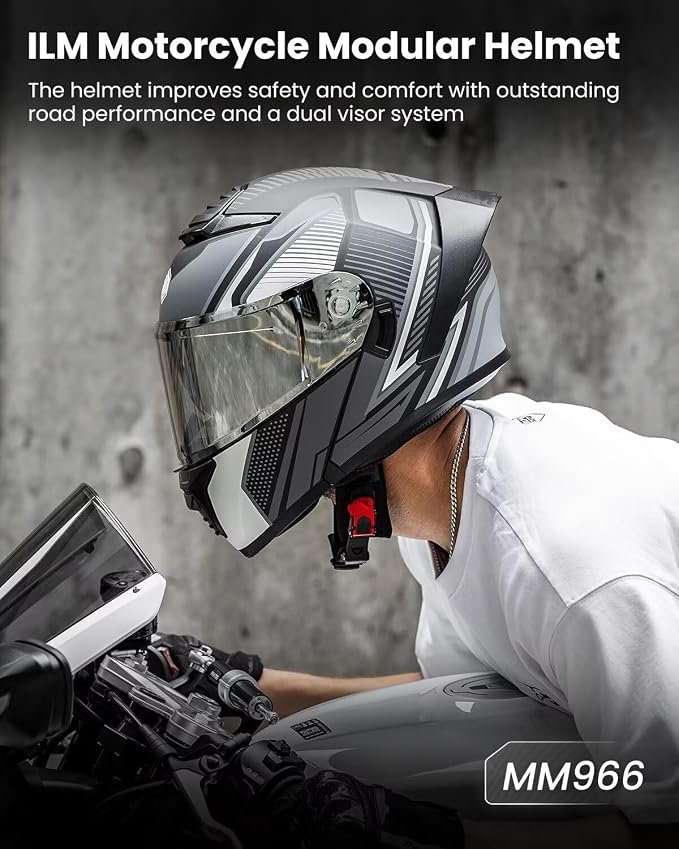 ILM Modular Motorcycle Helmet for Adults Full Face Flip up Riding with Dual Visor Street Bike Racing DOT Model MM966 (Black White, M)