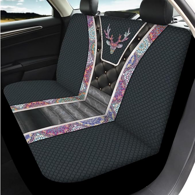Bulopur Elk Auto Seat Covers Set with Matching 15 Inch Steering Wheel Cover Stretchy Armrest Cover Soft Seat Headrest Cover 14 Pieces Car Interior Accessories Set