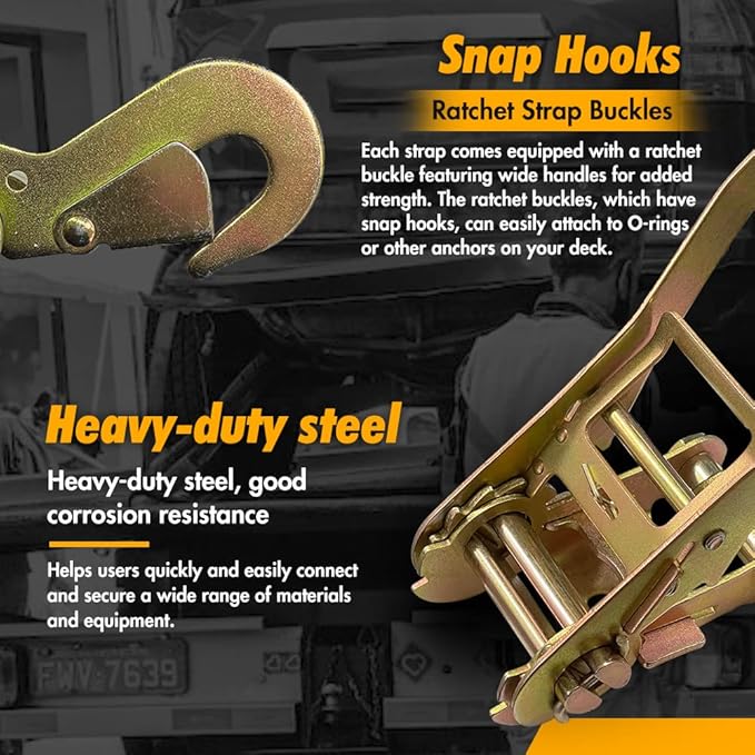 Car Tie Down with Snap Hooks- 4 Pack 2"x96" with 3,300lb Safe Working Load - Adjustable Straps with Snap Hooks Tire Straps for a Car Trailer (Yellow)