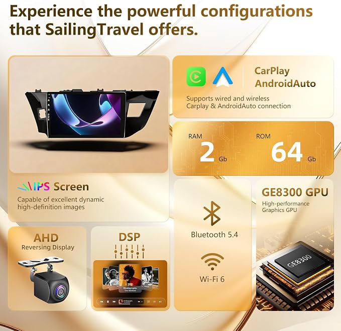 Car Radio Stereo for Toyota Corolla 2014-2016, Android 13 Wireless CarPlay Android Auto, Head Unit HD Touchscreen, QLED/Bluetooth/SWC/GPS Navigation/FM/Wifi/1080P Rearview Camera (Corolla14-2+64)