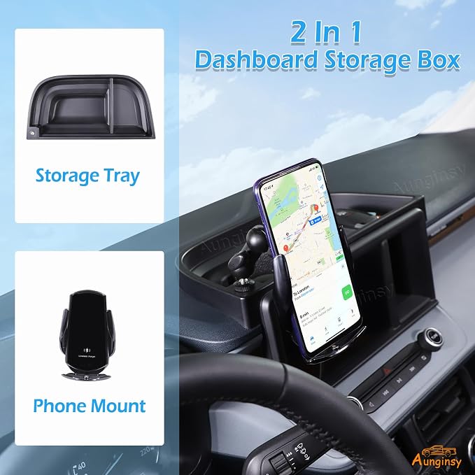 Aunginsy Center Console Dash Storage Tray Compatible with Ford Maverick 2022 2023 2024 Dashboard Multi-Functional Phone Holder Storage Box Organizer Tray Insert with Mobile Phone Mount Accessories
