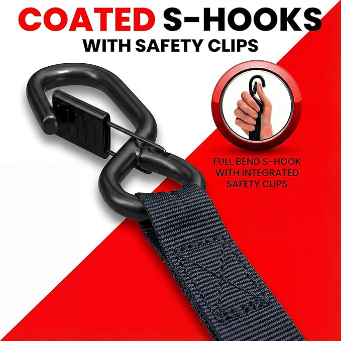Retractable Ratchet Straps (4 Pack) - 1" x 10 ft Heavy Duty Tie Downs with Auto Retract and 1650 lb Break Strength for Cargo Trailer, Motorcycle, ATV - Includes Soft Loops and Bungee Cords