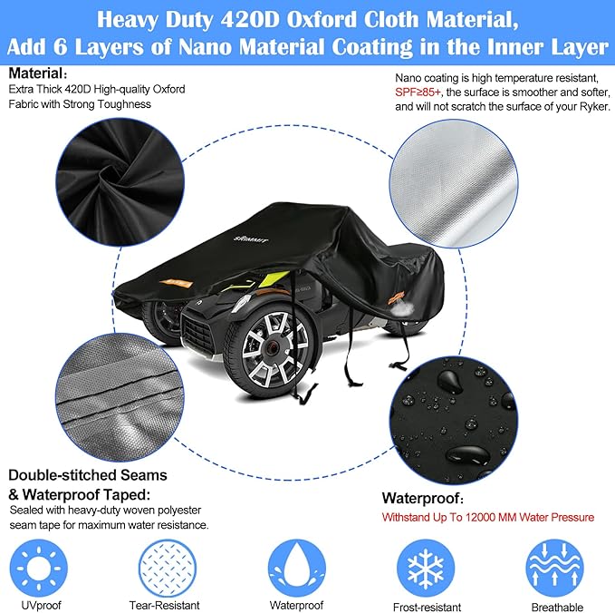 Heavy Duty 420D 3-Wheel Motorcycle Full Cover Waterproof, fits 3‑Wheel Motorcycle Models, Suit for Can‑am Ryker 600/900/Sport/Rally Edition,Upgraded Rain Snow Protection Cover with Waterproof Strips