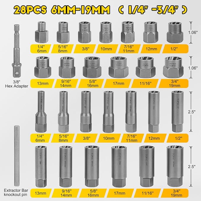 Topec Deep Bolt Extractor Set 28PCS, 3/8" Drive Bolt Extractor Kit, Spark Plug Extractor Socket Set, Lug Nut Removal Tool for Stripped, Broken, Rounded Bolts Lug Nut Stud Remove
