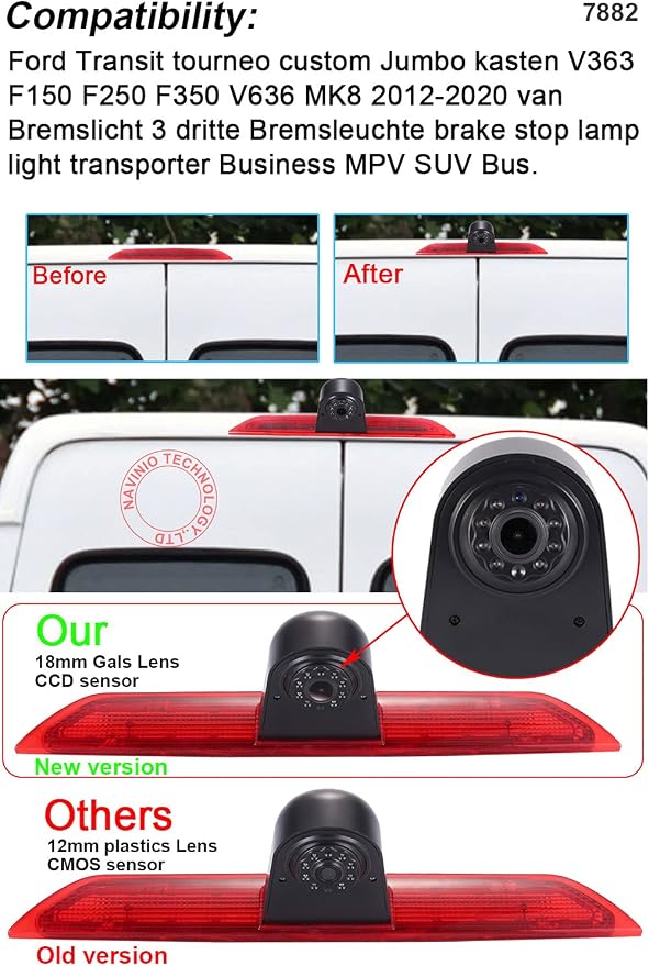 18mm HD Car Third Roof Top Mount Brake Light 3 Rear View Camera, Night Vision for Ford Transit tourneo Custom Jumbo Kasten V363 F150 F250 F350 V636 MK8 2012-2020 (with 7-inch Rearview Mirror)
