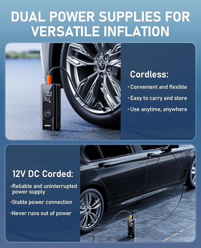 JUSUOX Tire Inflator Portable Air Compressor, Dual Power (Cordless & 12V DC) Air Pump for Car Tires, 150PSI Fast Air Pump for Moto, Bike, Large Capacity Battery, Digital Gauge with Emergency LED Light