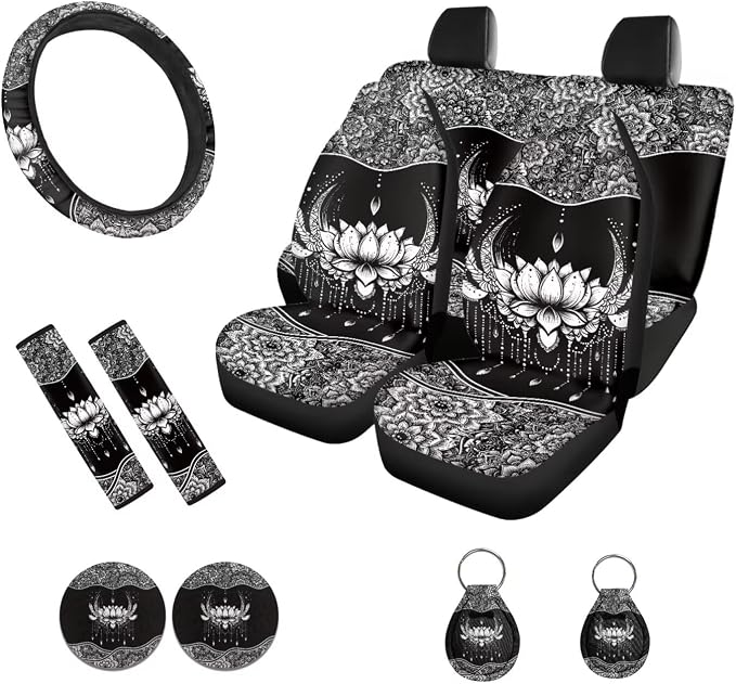 POLERO Boho Car Accessories Car Seat Covers Full Set Womens Aesthetic Mandala Floral Steering Wheel Cover Seat Belt Cover Pad Cup Holder Coasters Keychain Sets 11pcs