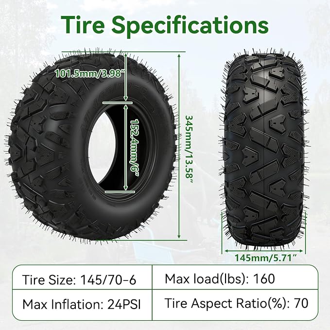 145/70-6 145-70-6 Tire Tubeless Compatible with Mini Bike Coleman CT100U CC100X B100 GMB100 RT100 KT196 Go Kart Baja Doodle Bug DB30 Motovox Mega Moto 80cc 105cc Kazuma ATV Quad 4 Wheeler Parts