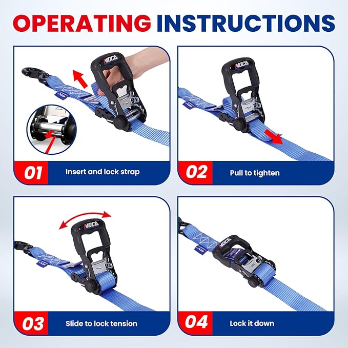 MOCA Blue Heavy Duty Ratchet Tie Down Straps - 5,200 Lbs Breaking Strength 1.6" x 8', Includes 4 Heavy Duty Ratchet Padded Handles & Coated Chromoly S Hooks & 4 Soft Loop Tie-Downs
