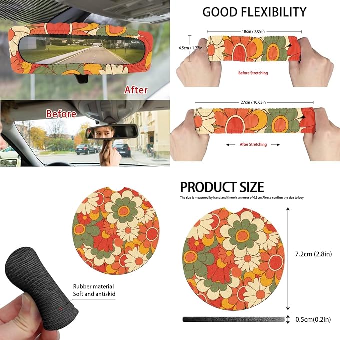 15 Pcs Abstract Groovy Flower Car Seat Cover Full Set for Women with Car Steering Wheel Cover Seat Belt Cover Trash Bin Front Rear View Mirror Car Cup Holder Keychain