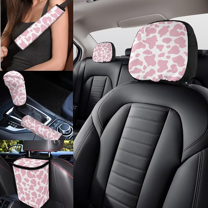17 Pieces Pink Cow Print Car Seat Covers Full Set with Front and Split Rear Bench,Cow Print Car Accessories with Headrest Covers,Vehicle Trash Bag Universal Car Interior Decor,Fit Truck SUV