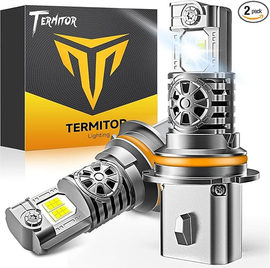 Termitor Upgraded 9007/HB5 Bulbs, 50,000LM Ultra Bright High/Low Beam, 6500K Cool White IP68 Waterproof, 9007 Fog Light 1:1 Mini Size with Cooling Fan, 70000+ Hours Lifespan, Plug and Play, Pack of 2